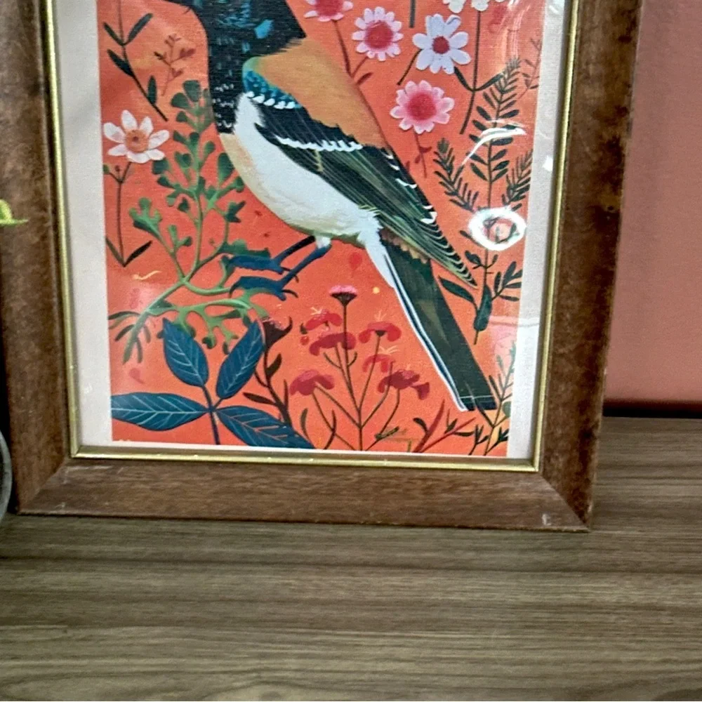Bright Magpie Crow Canvas Print Vintage Wood & Gold Framed Wall Art Print Bird